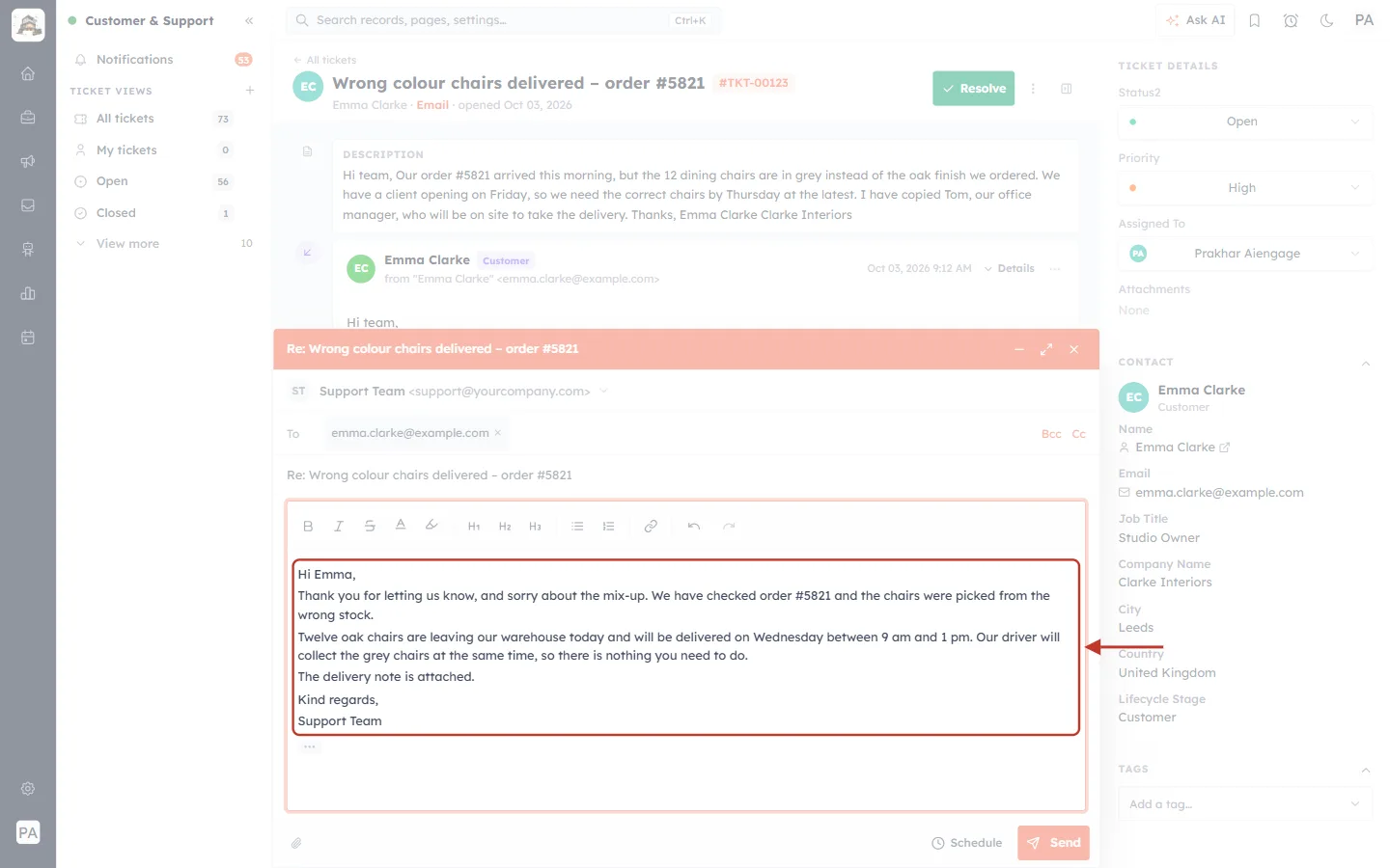 The reply message typed in