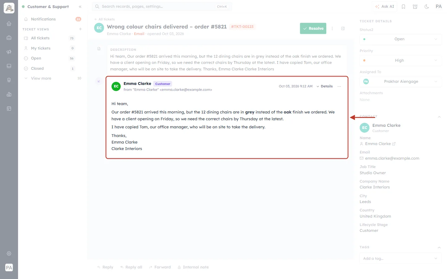 The customer’s email in the ticket conversation