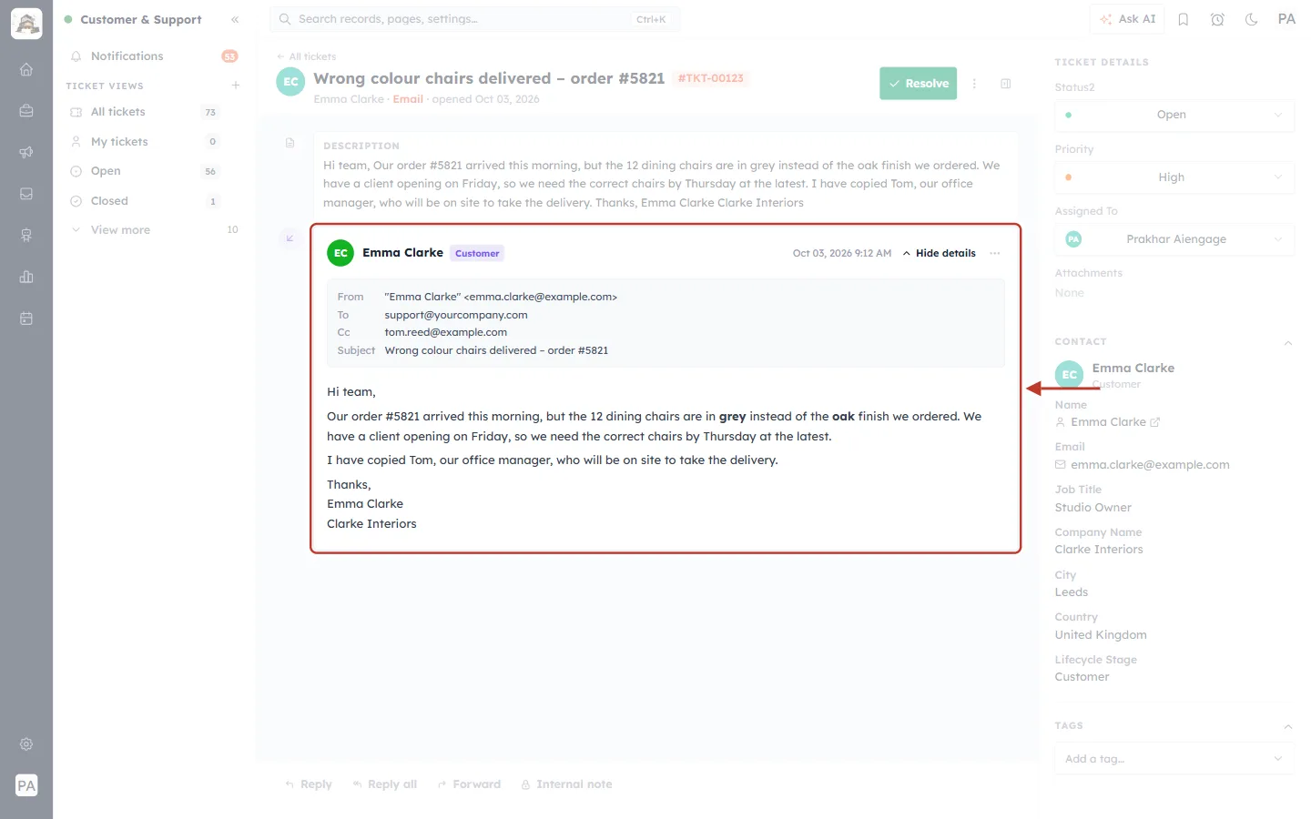 Email details showing From, To, Cc and Subject