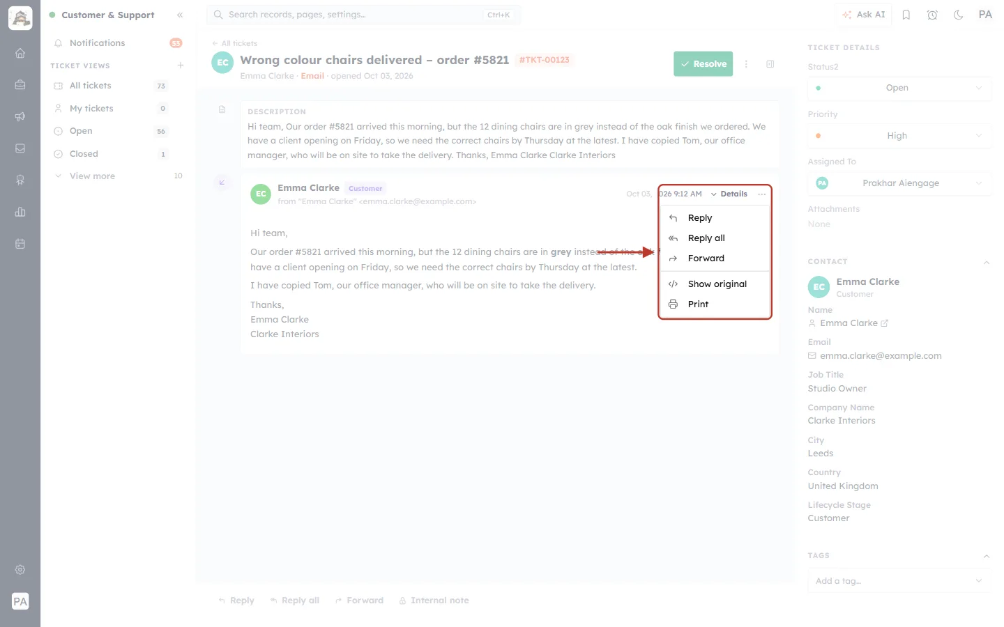 The Email actions menu on a single email