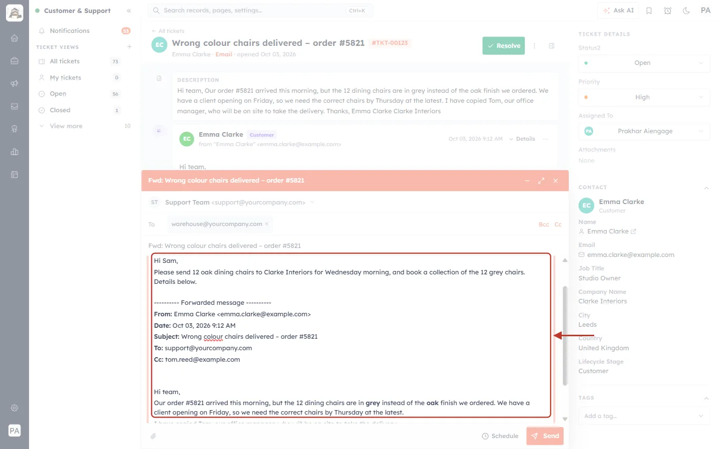 A note written above the forwarded email