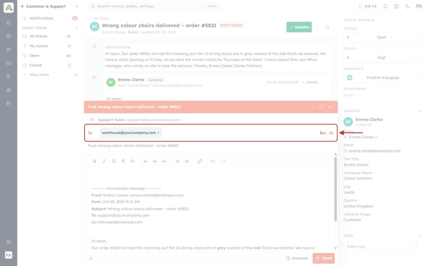 A forwarding address added to the To line