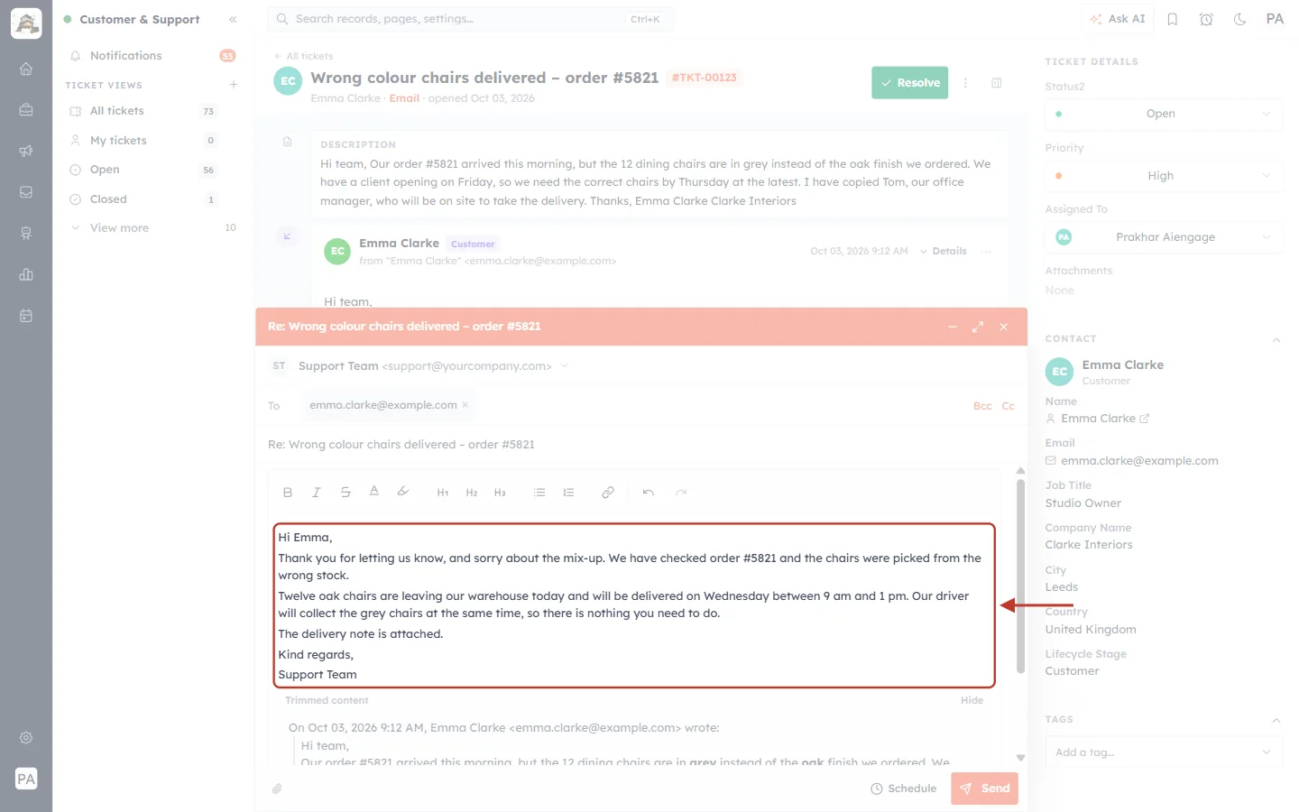The trimmed original email shown below the reply