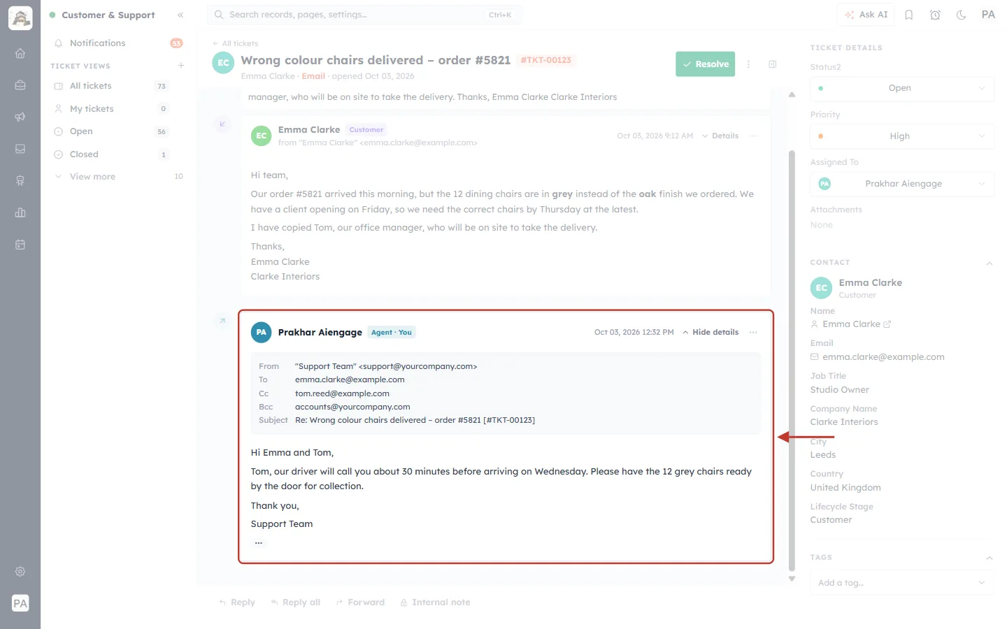 The Reply all email in the conversation with details