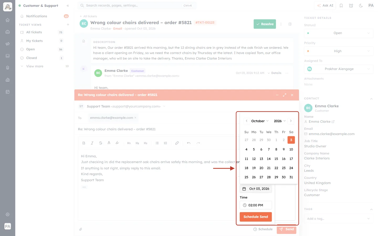The calendar for choosing the send date