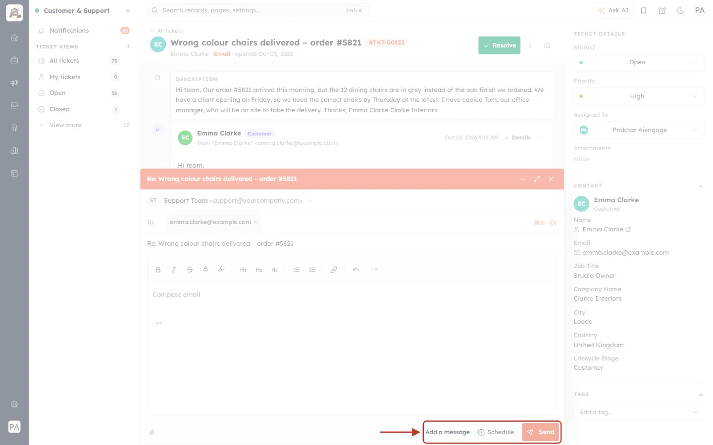 Schedule disabled while the message is empty