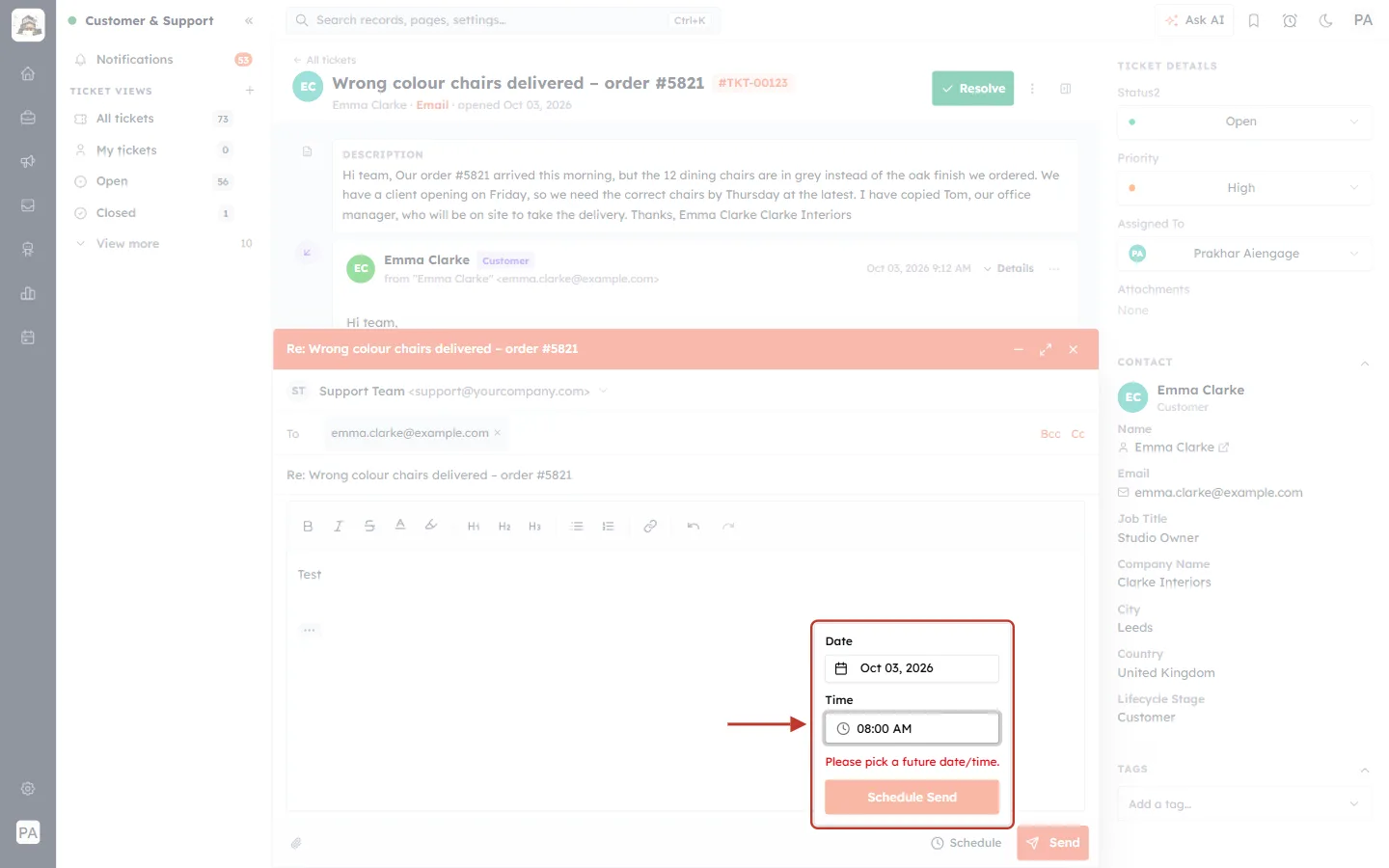 Schedule pop-up with a past time