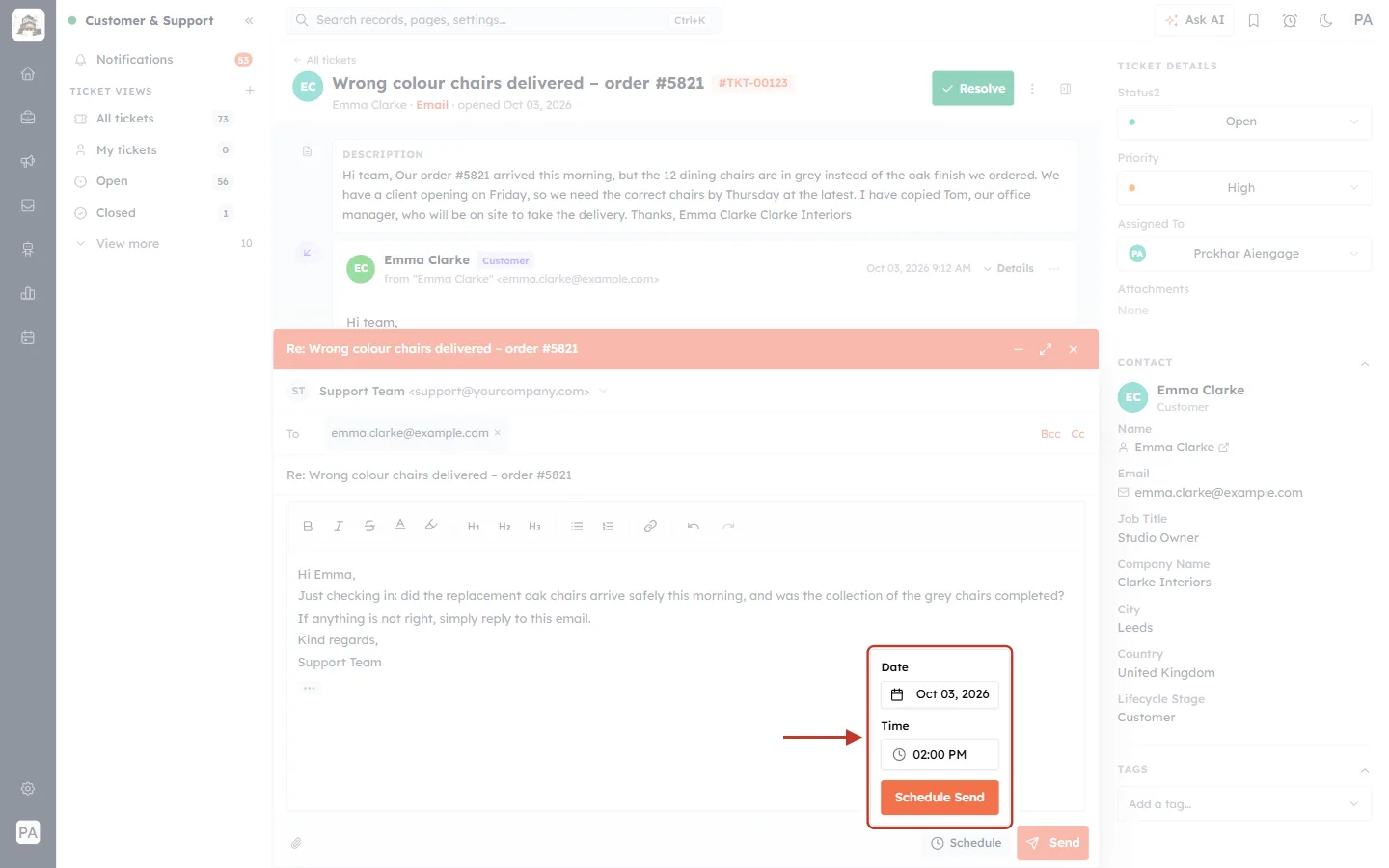 The Schedule panel with date and time