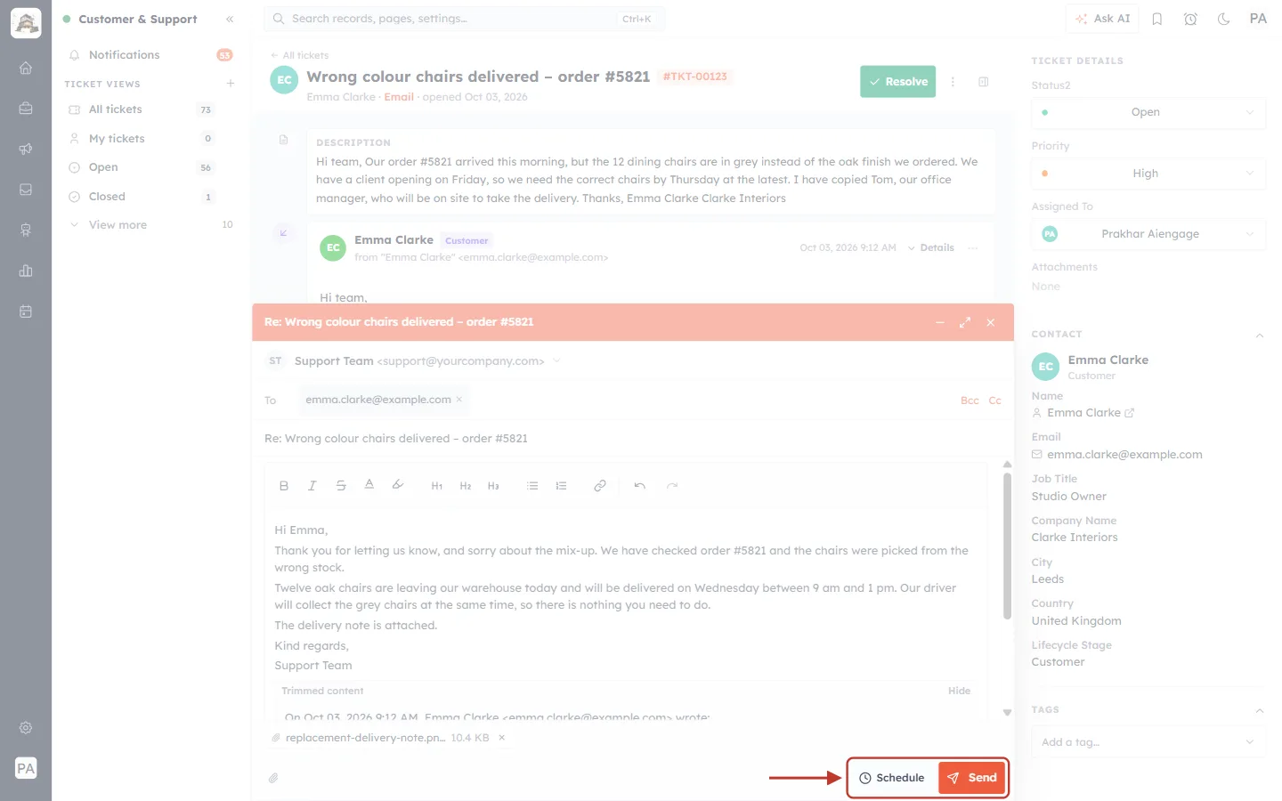 The Schedule and Send buttons