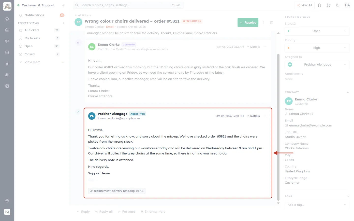 The sent reply in the ticket conversation
