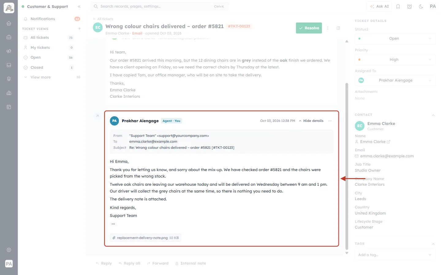 Details of the sent reply