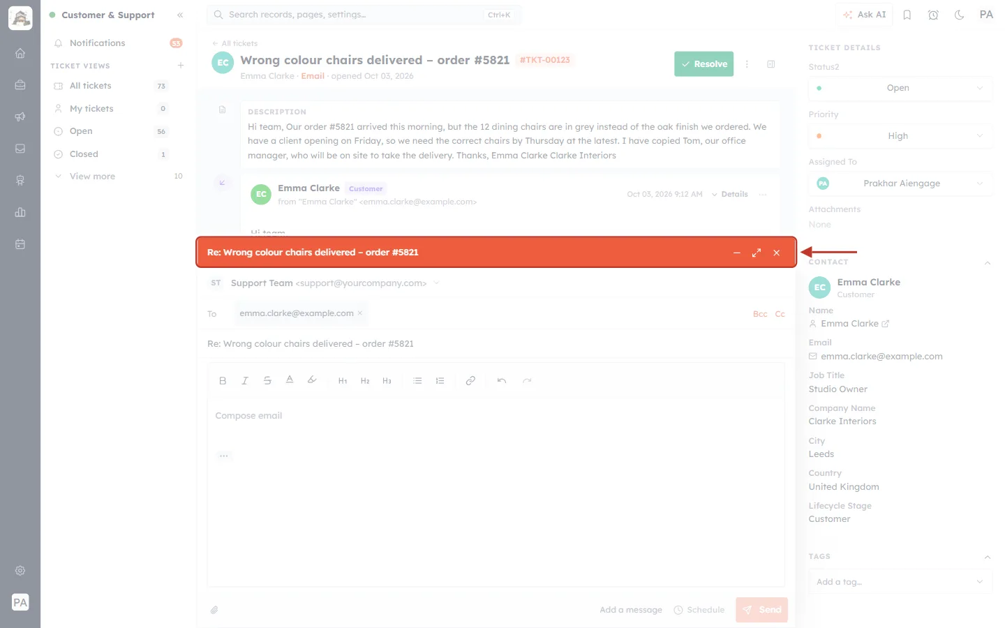 The orange title bar of the email window