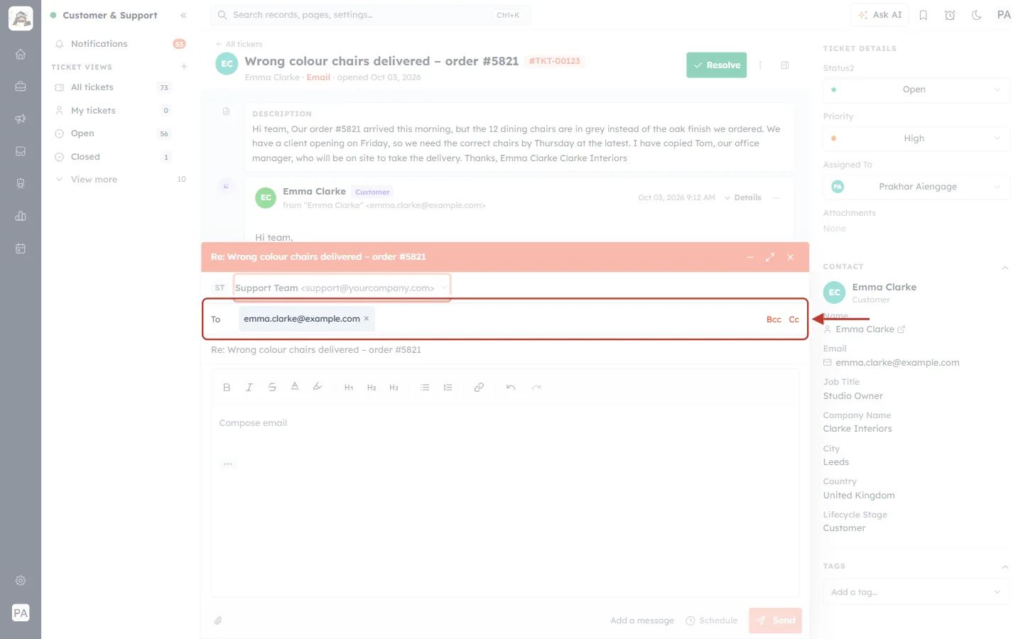 The To line with the customer’s address and the Cc and Bcc links