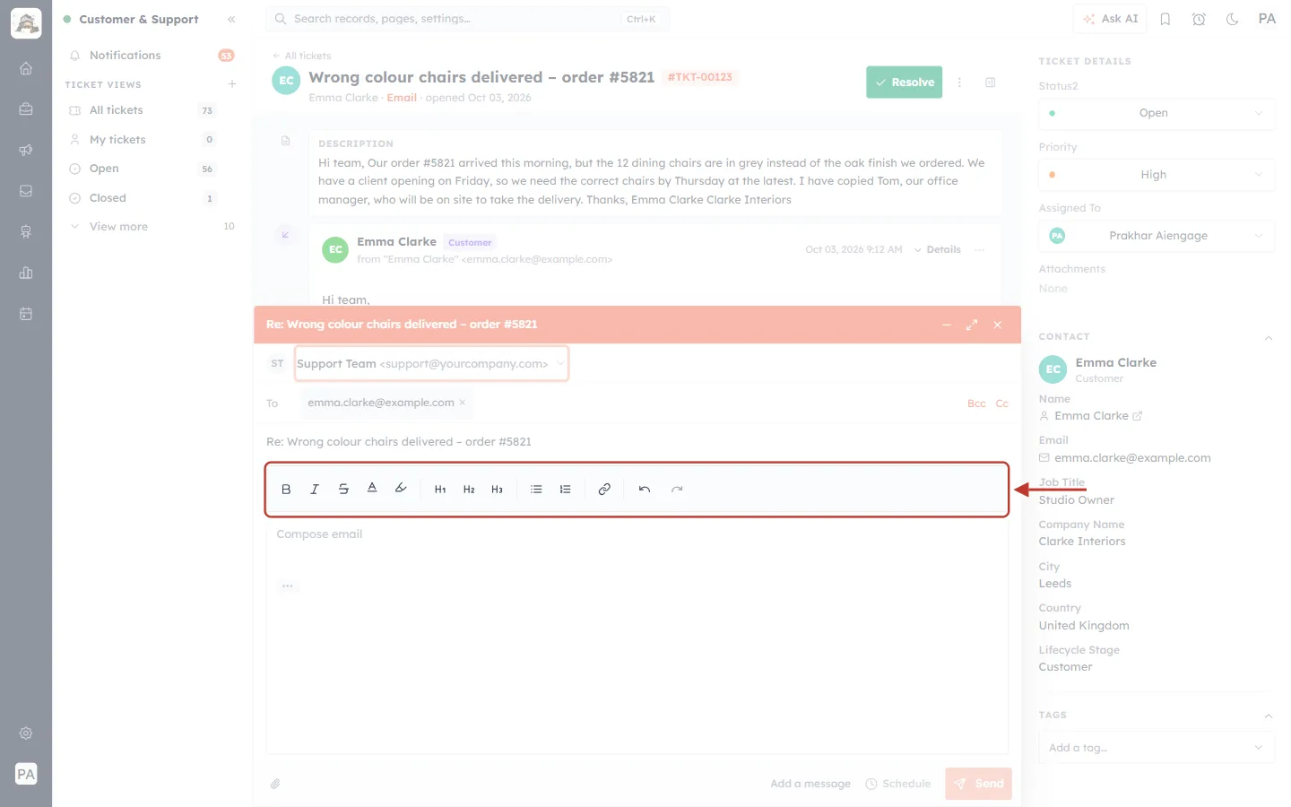 The formatting toolbar of the email window