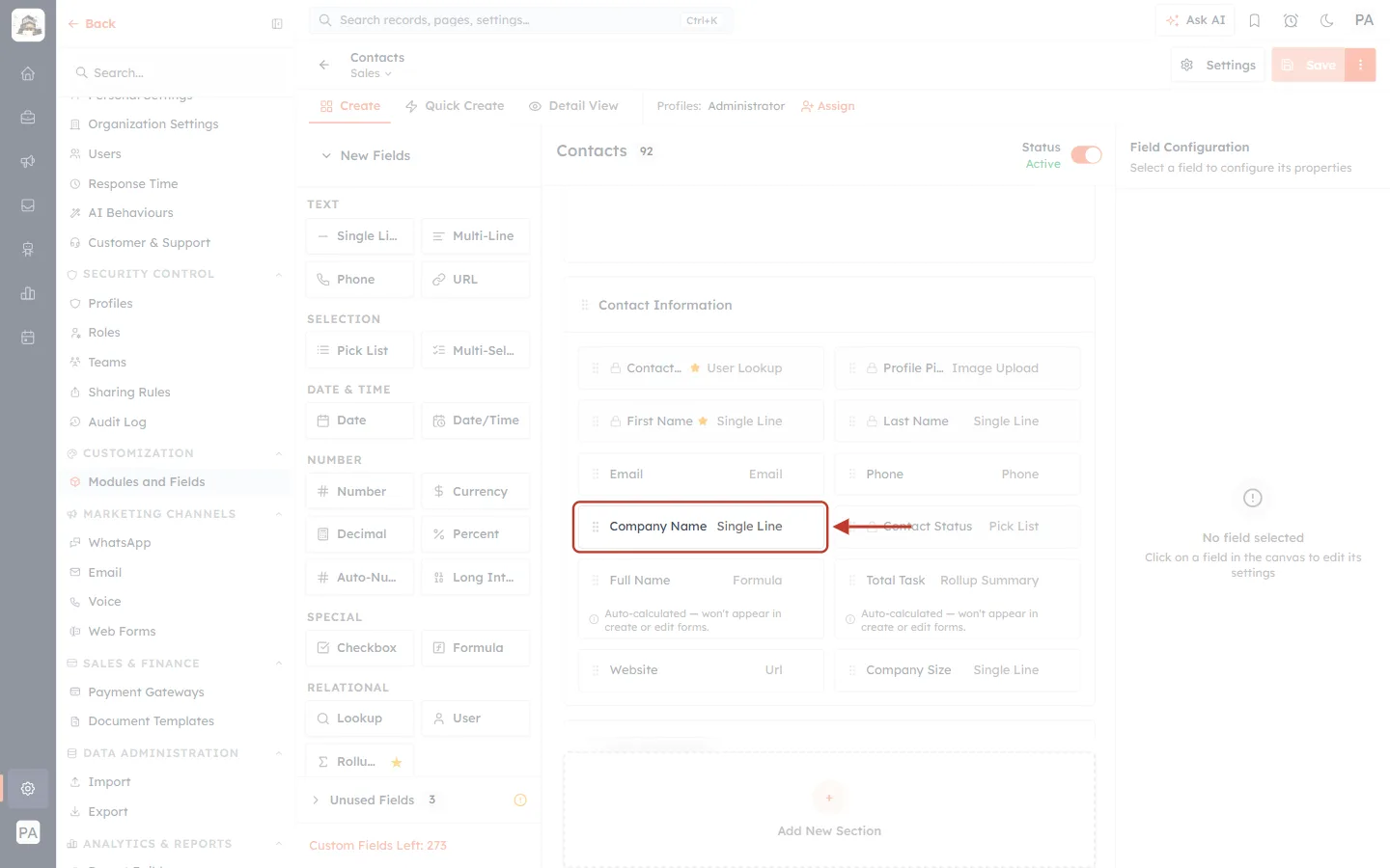 The Company Name field on the Sales layout