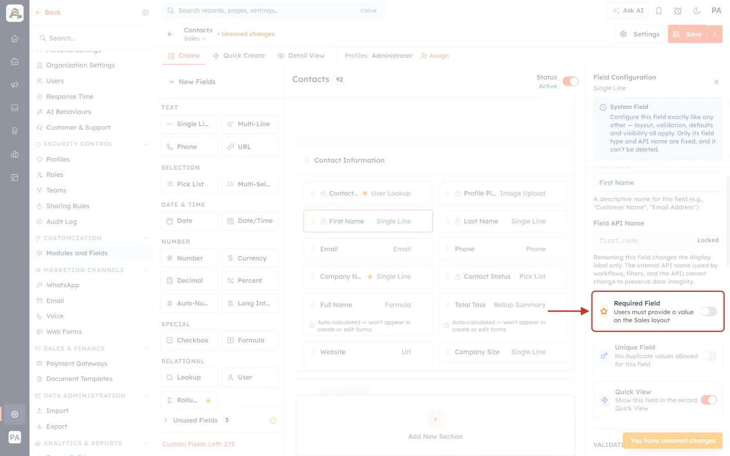 First Name made optional on the Sales layout