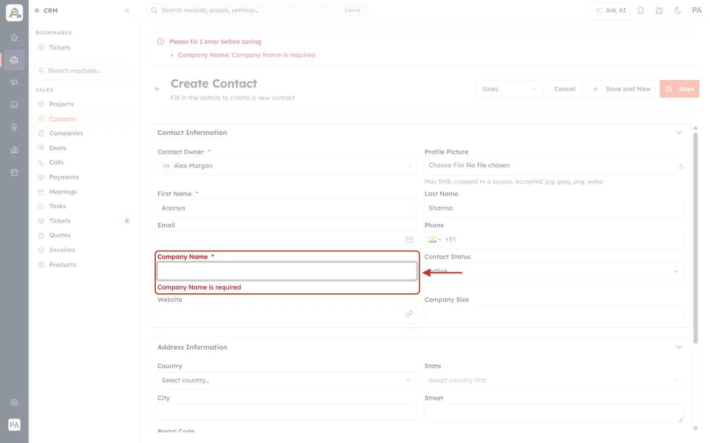Company Name is required error