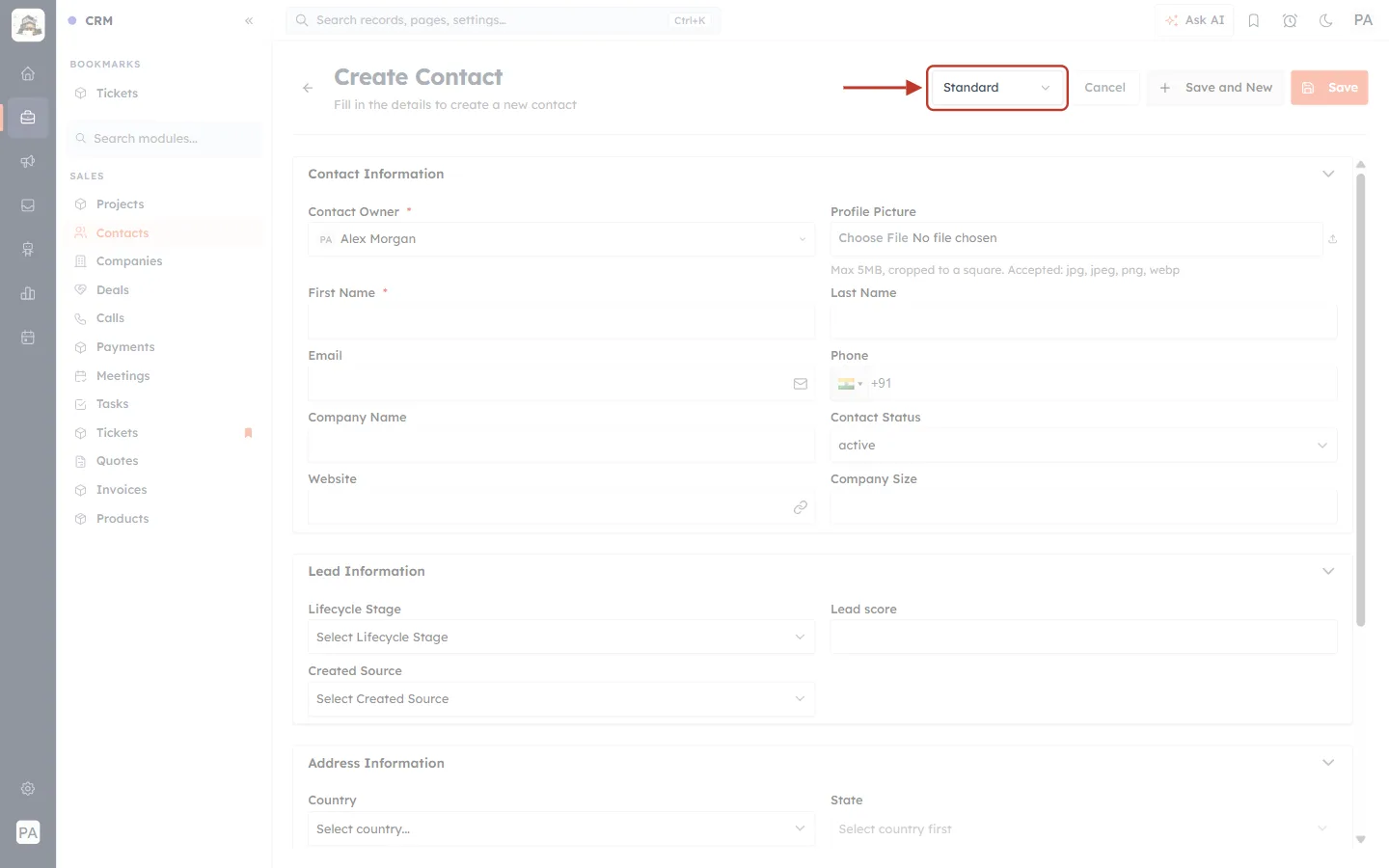 The layout picker on the Create Contact form