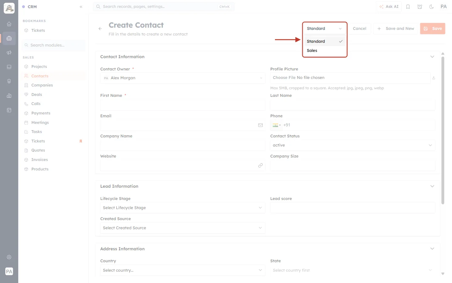 The layout picker opened