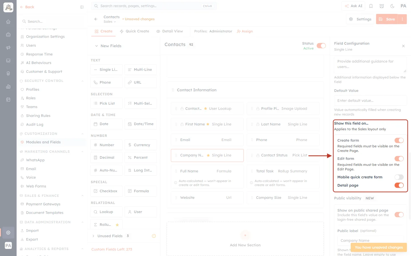 Show this field on… with Create and Edit form locked