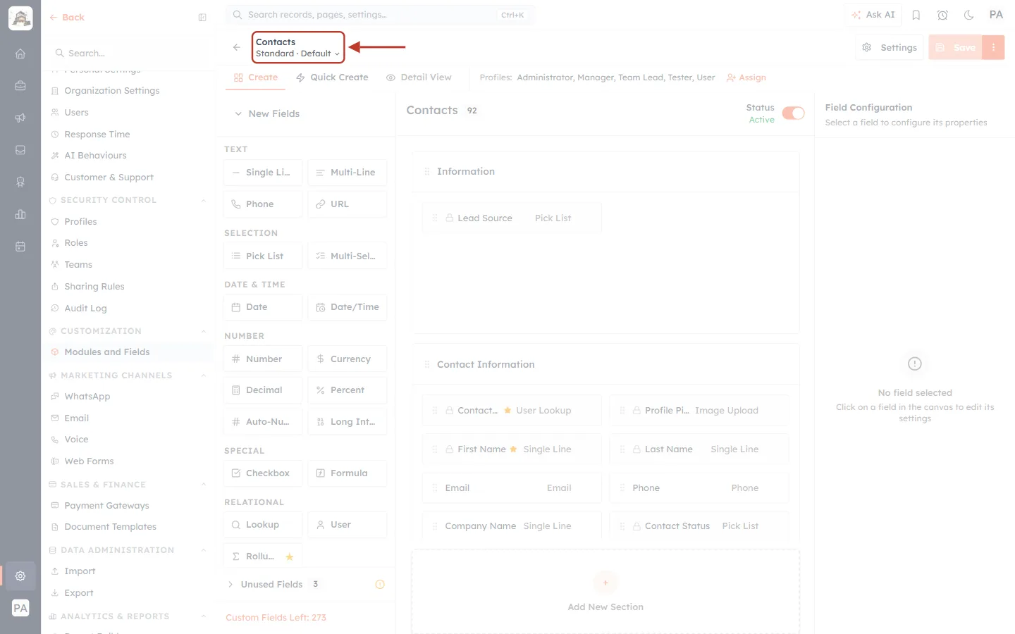 Contacts / Standard · Default