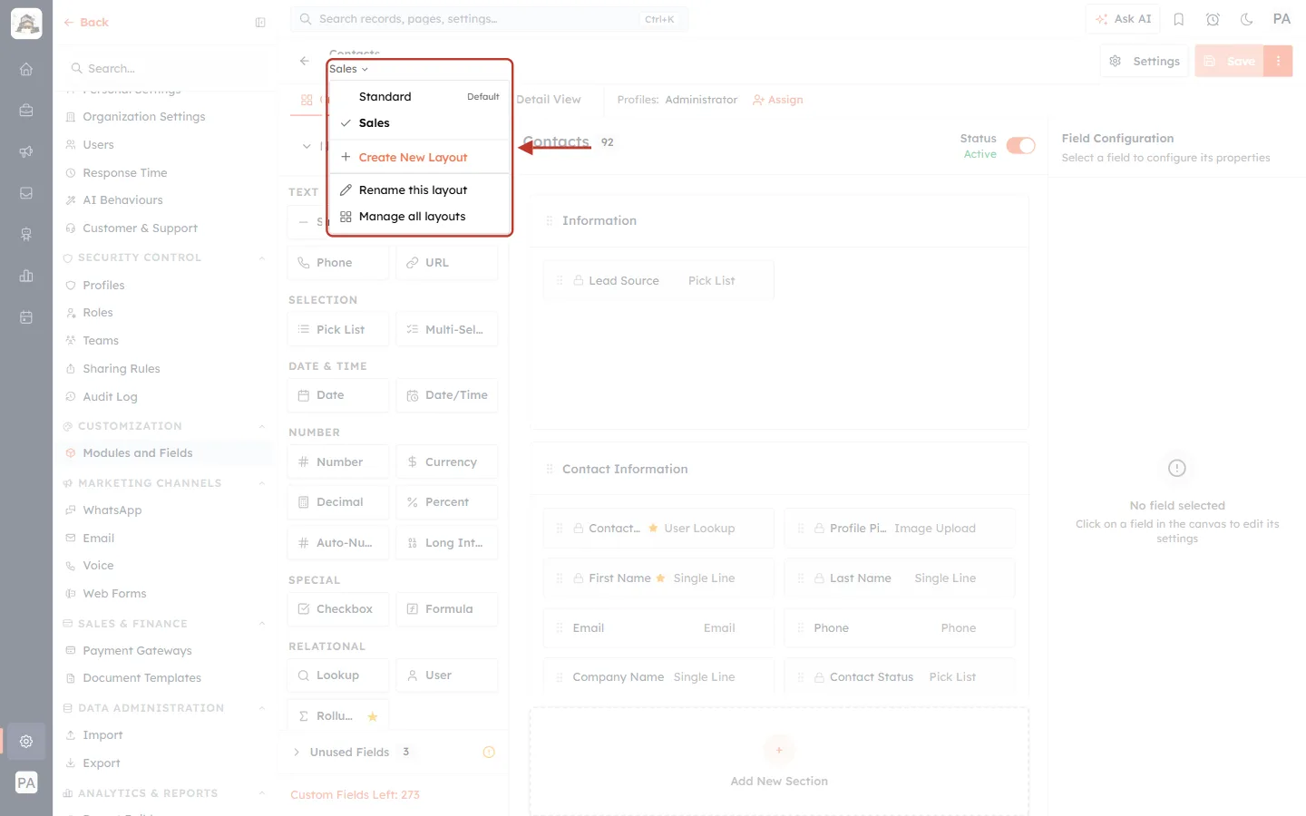 The layout menu with Standard and Sales