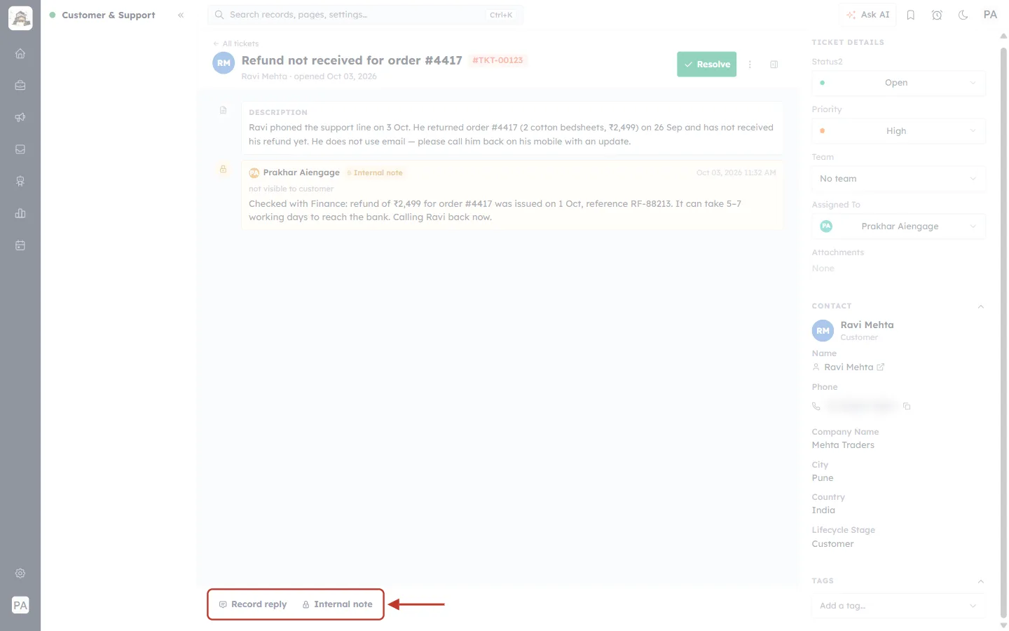Record reply and Internal note