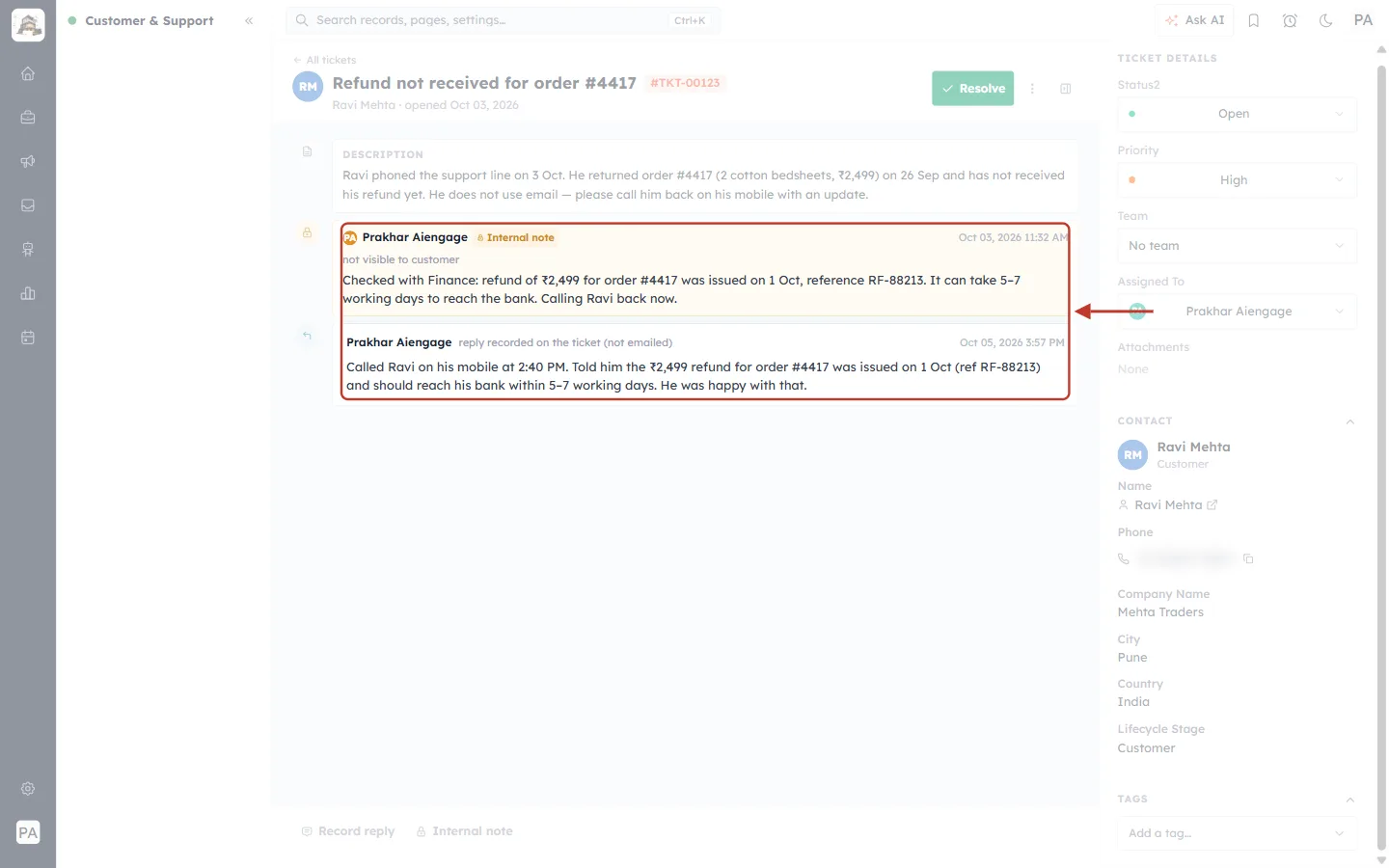 Internal note next to a recorded reply