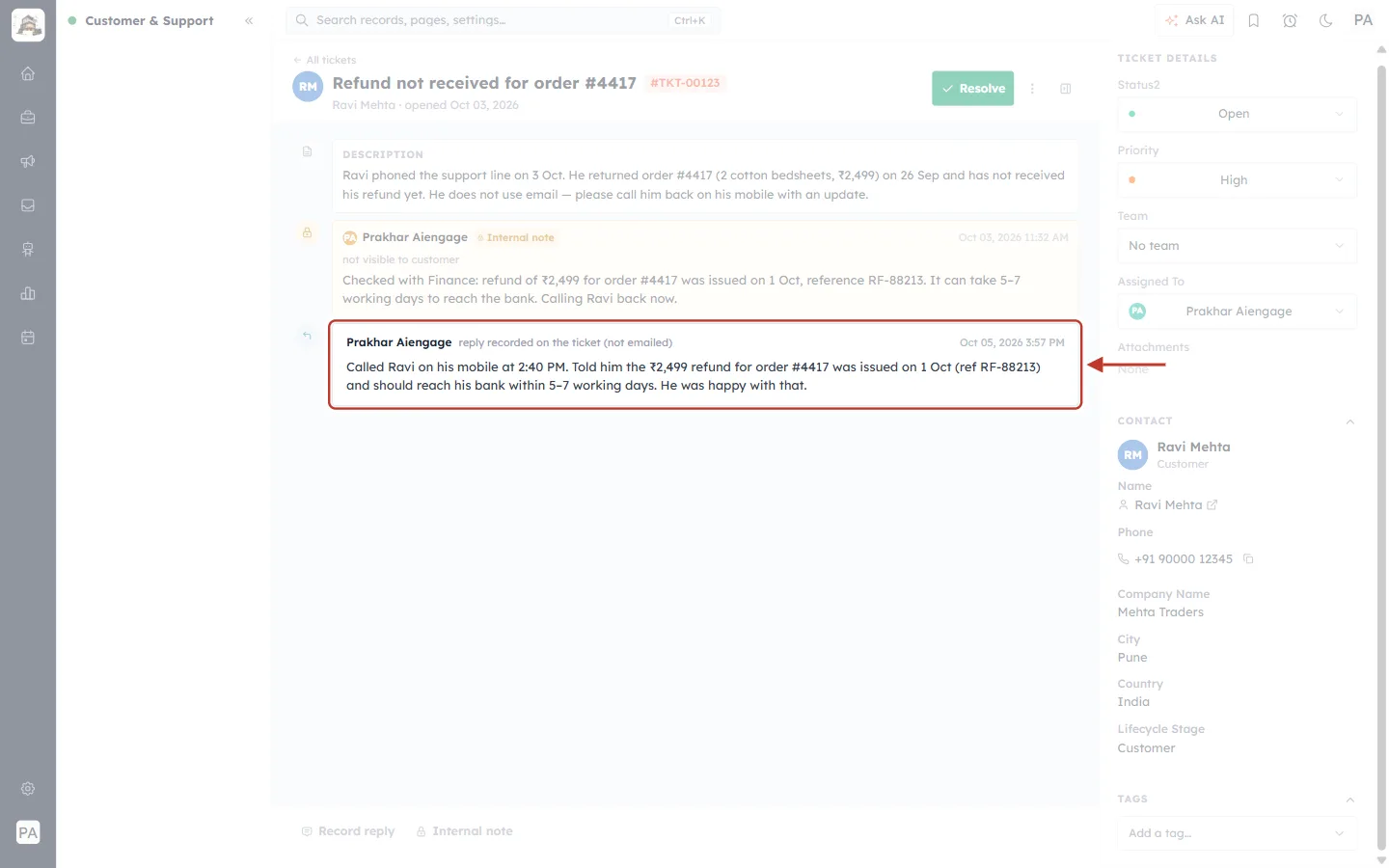 The recorded reply in the thread