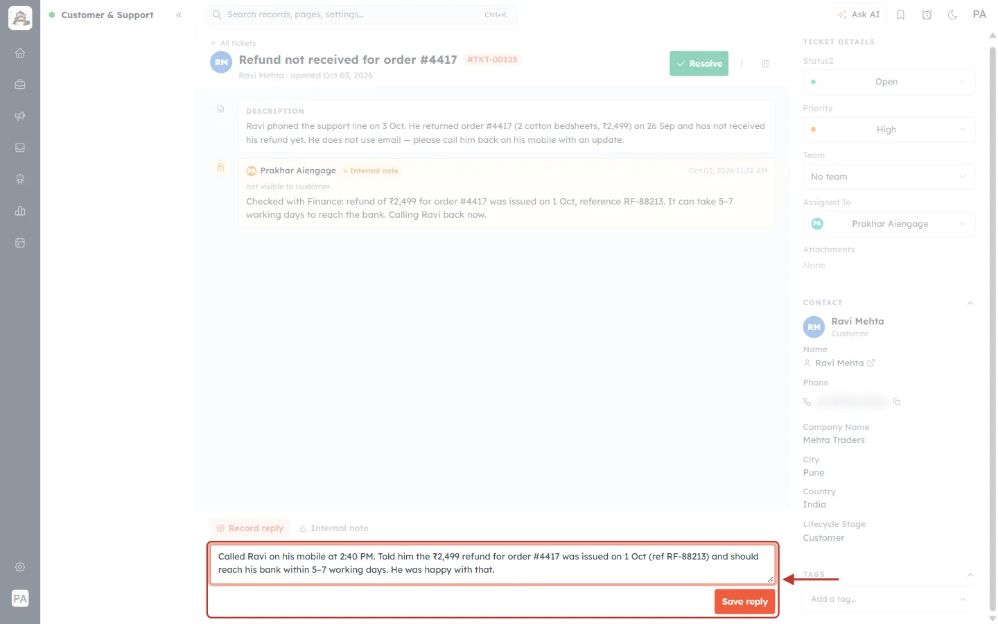 The recorded reply typed in