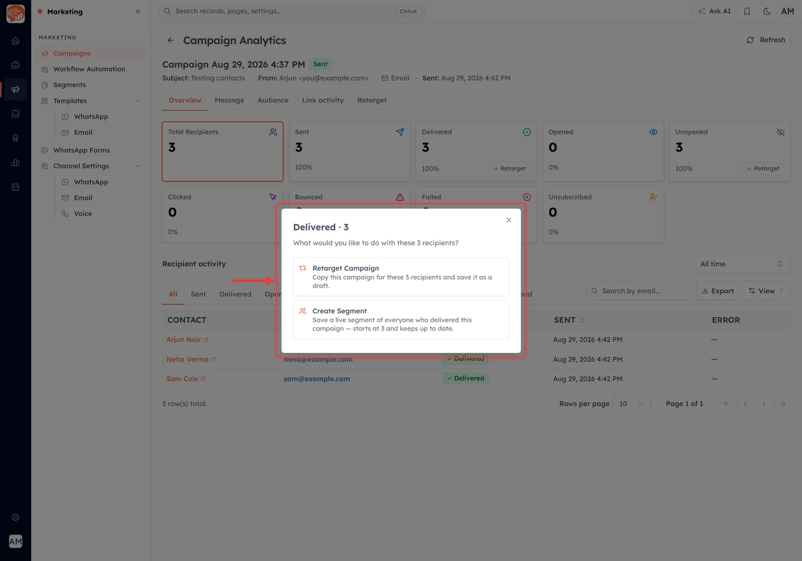 The dialog opened from the Delivered tile, outlined in red with an arrow pointing at it, offering Retarget Campaign or Create Segment