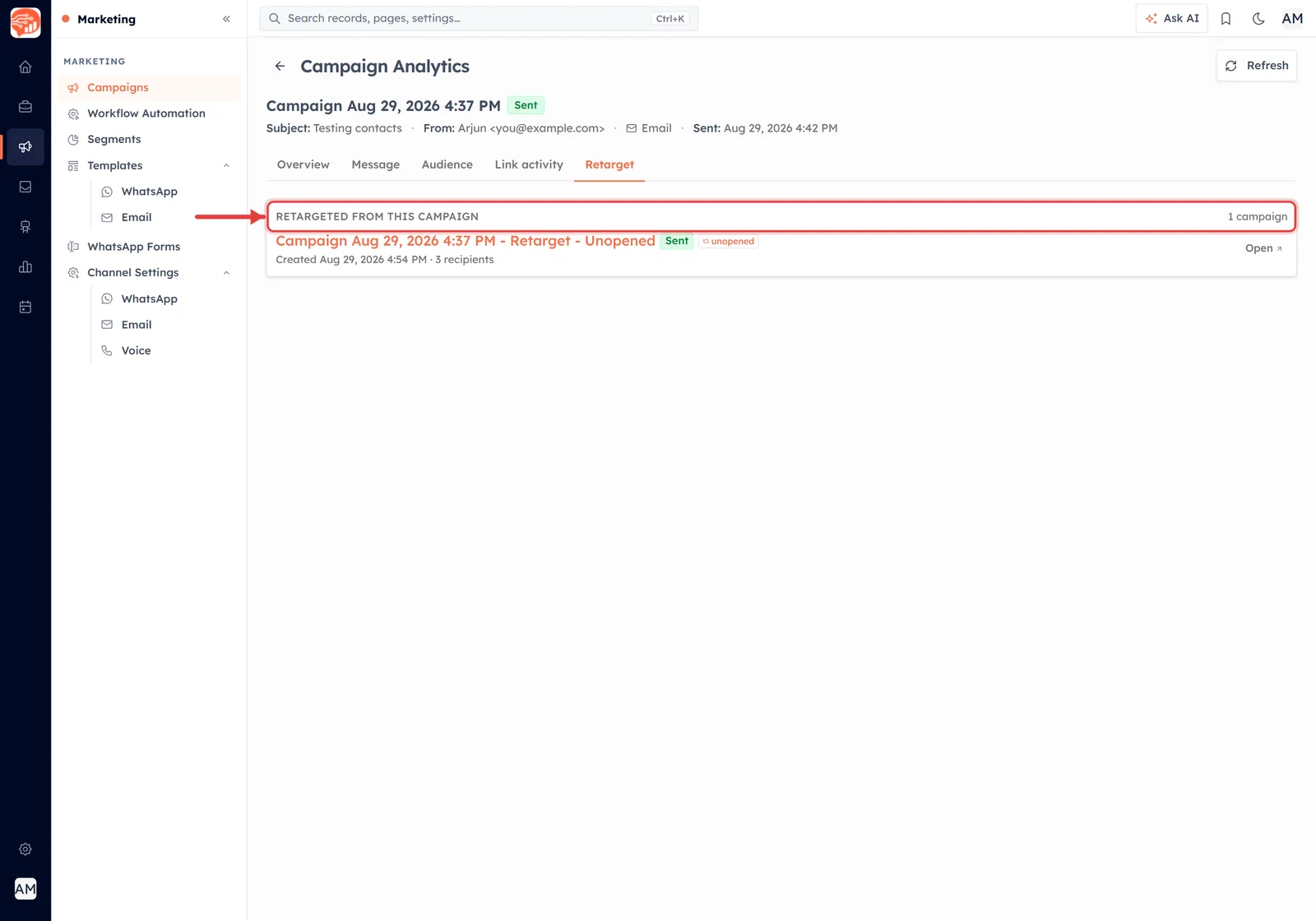 The Retarget tab showing Retargeted from this campaign with one child campaign listed, outlined in red with an arrow pointing at it