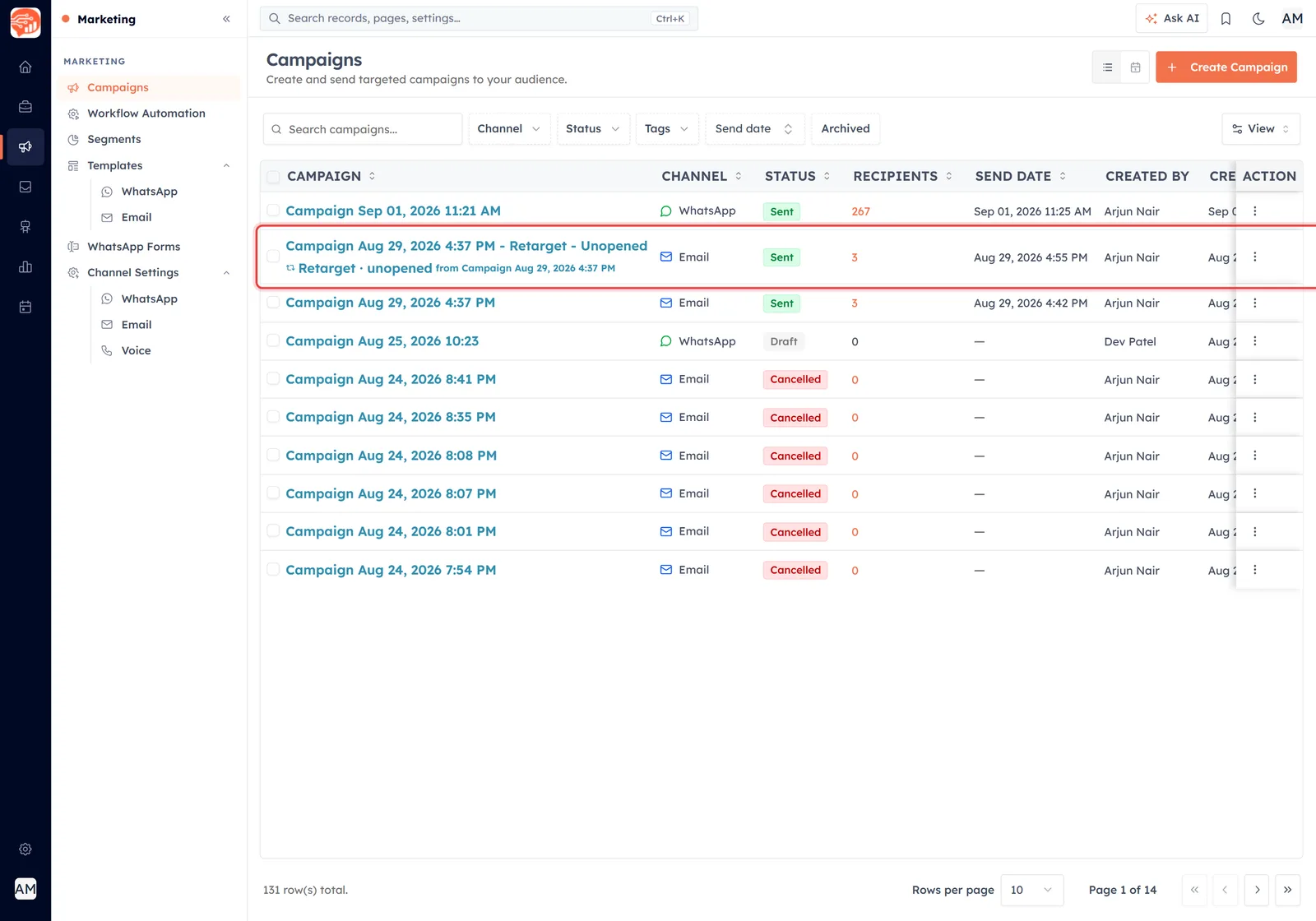 A retarget campaign row in the campaigns list outlined in red with an arrow pointing at it, showing the Retarget · unopened label and the parent campaign name