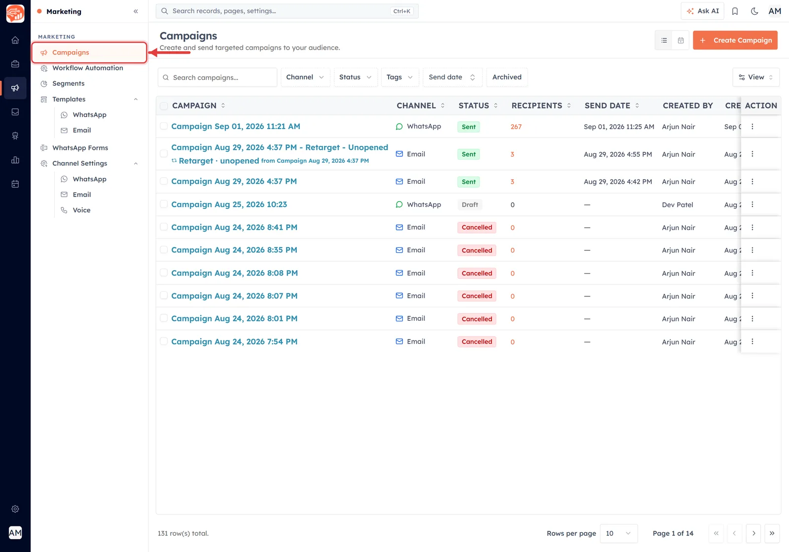 The Marketing sidebar with Campaigns outlined in red and an arrow pointing at it