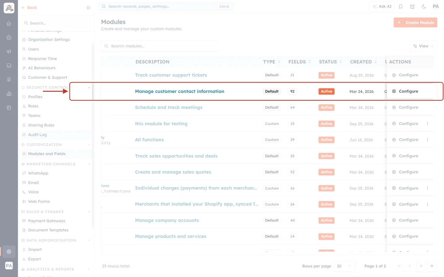 The Contacts row in the Modules list