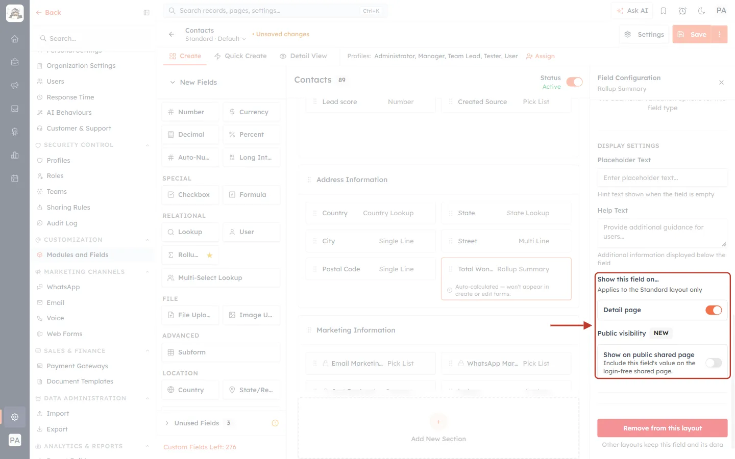 Show this field on… settings