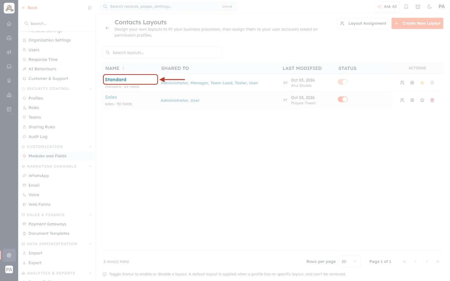The Contacts Layouts page