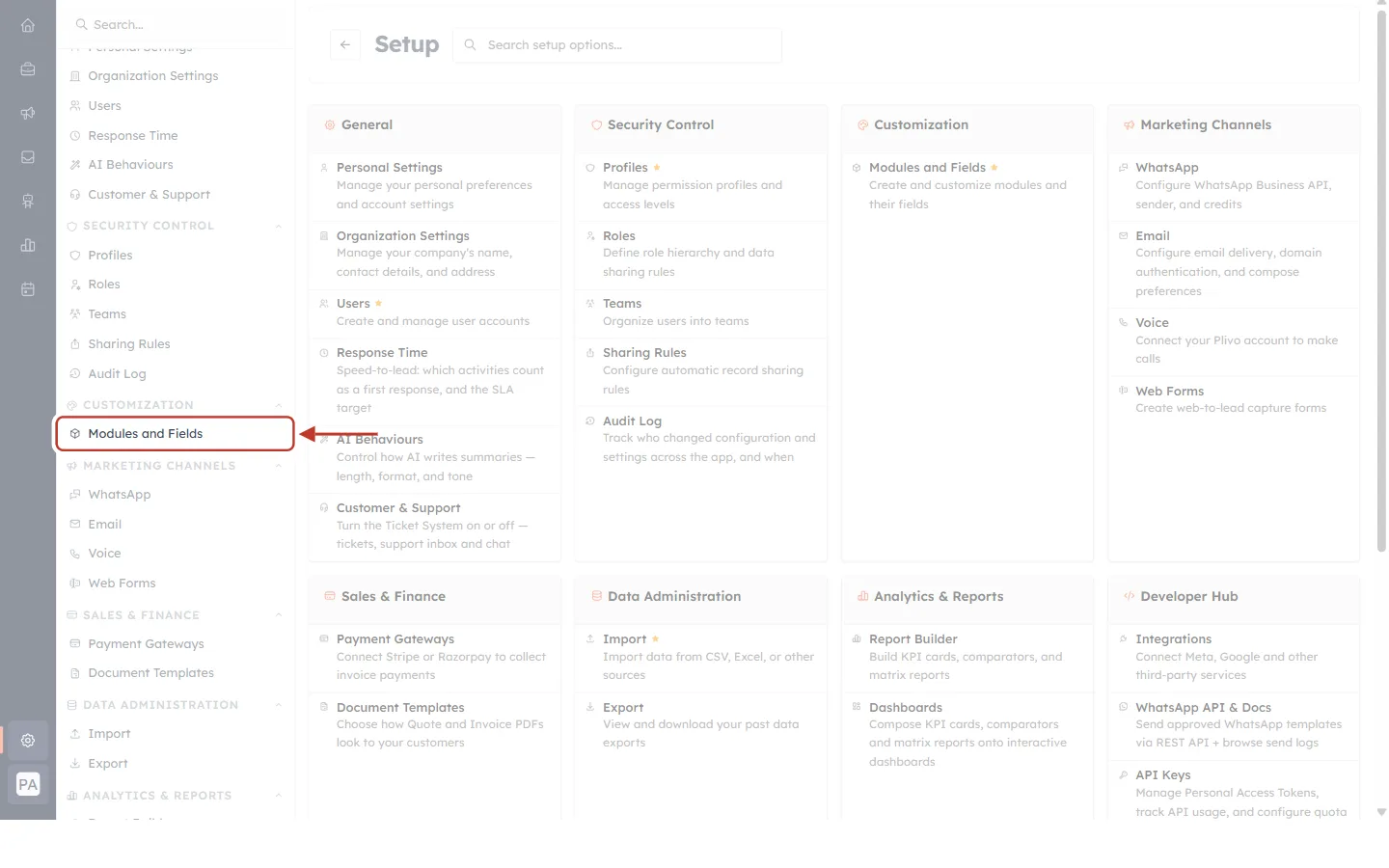 Modules and Fields in the Settings menu