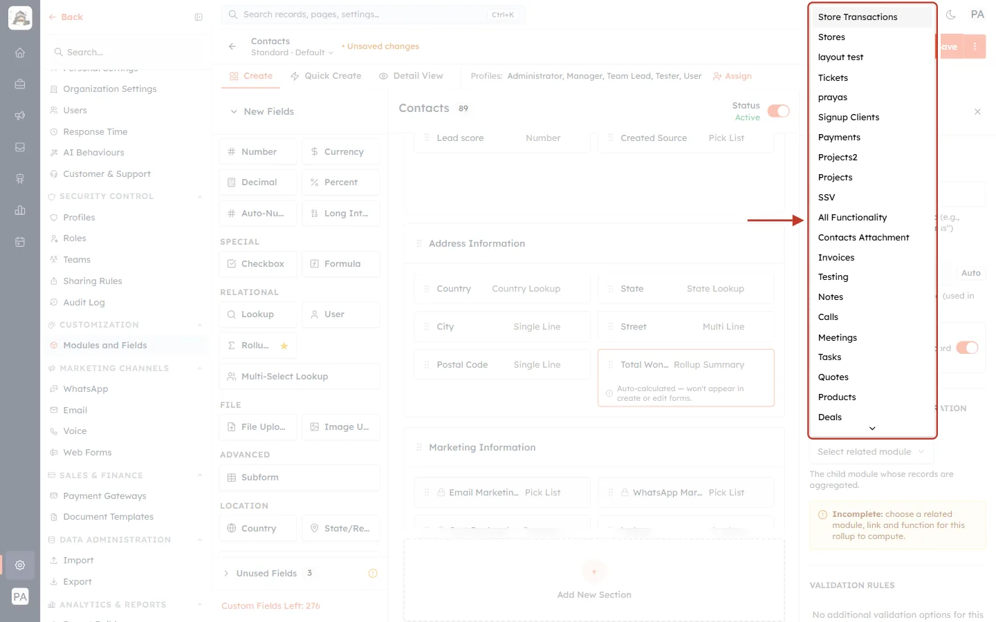The Related Module list