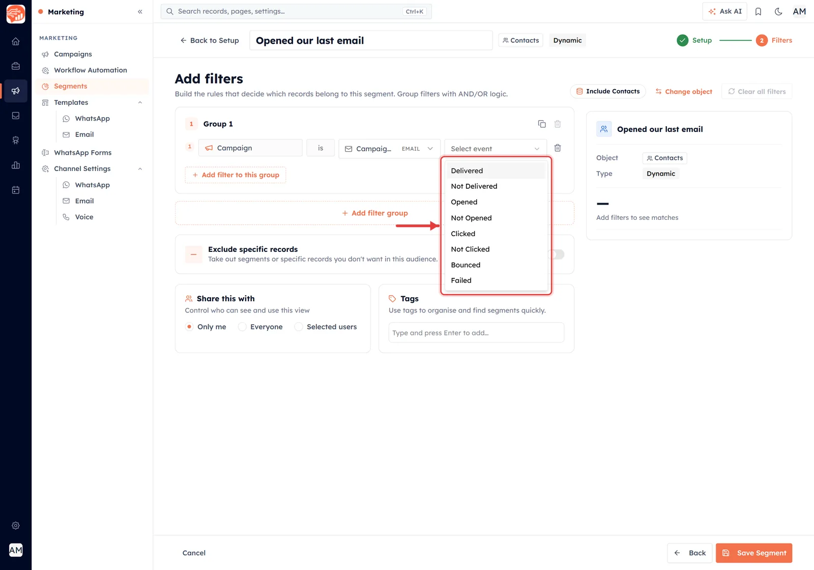 The activity dropdown open, outlined in red with an arrow pointing at it