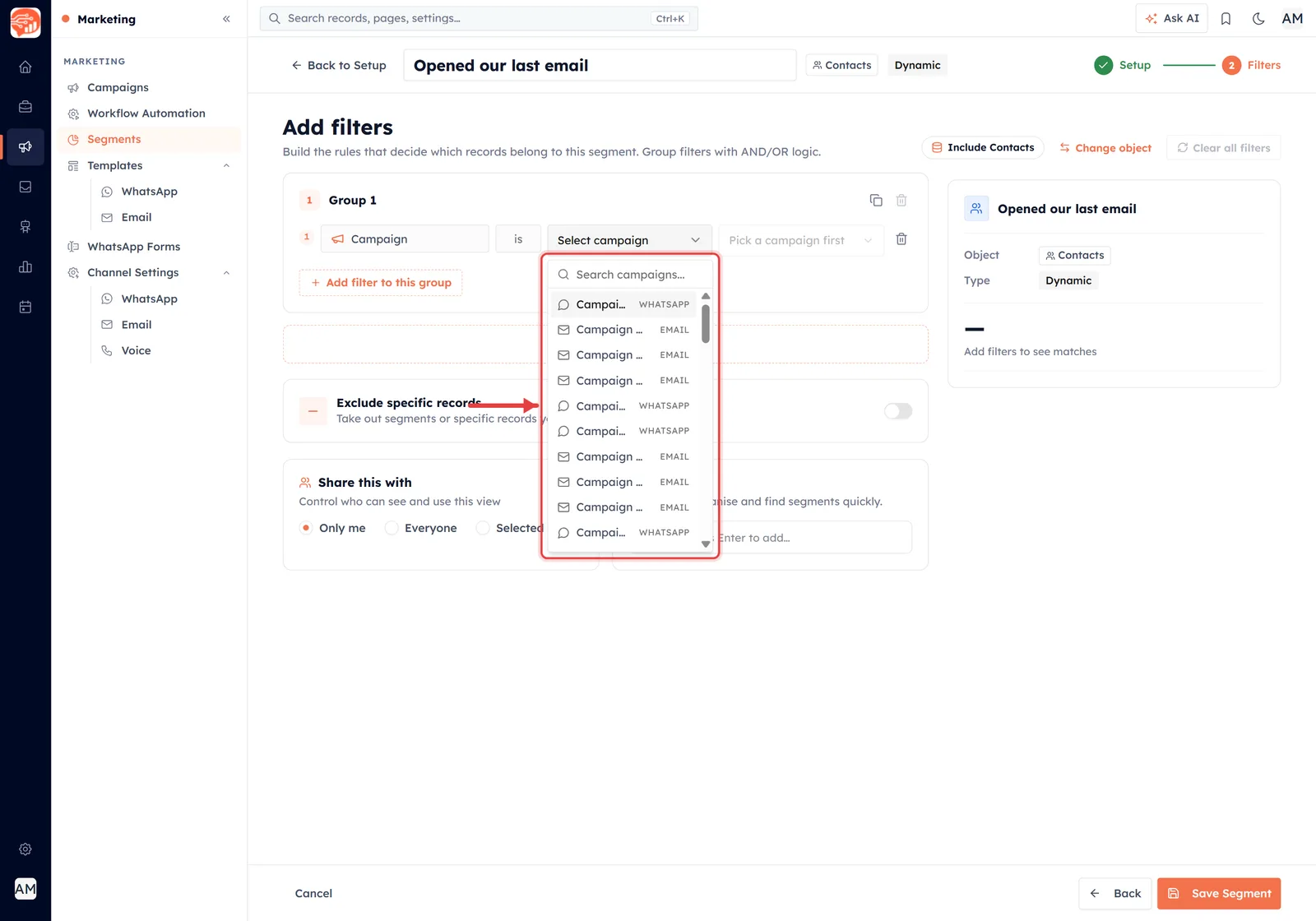 The campaign dropdown open, outlined in red with an arrow pointing at it, listing sent campaigns with EMAIL and WHATSAPP badges