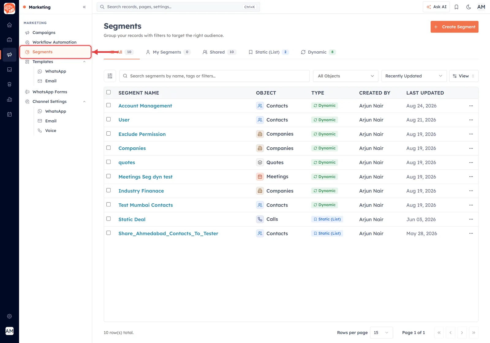 The Marketing sidebar with Segments outlined in red and an arrow pointing at it