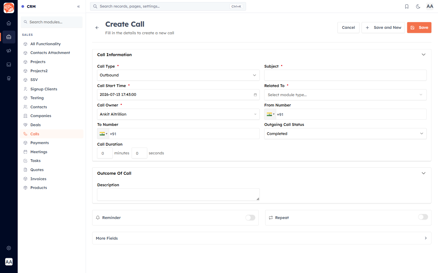 The Log Call form