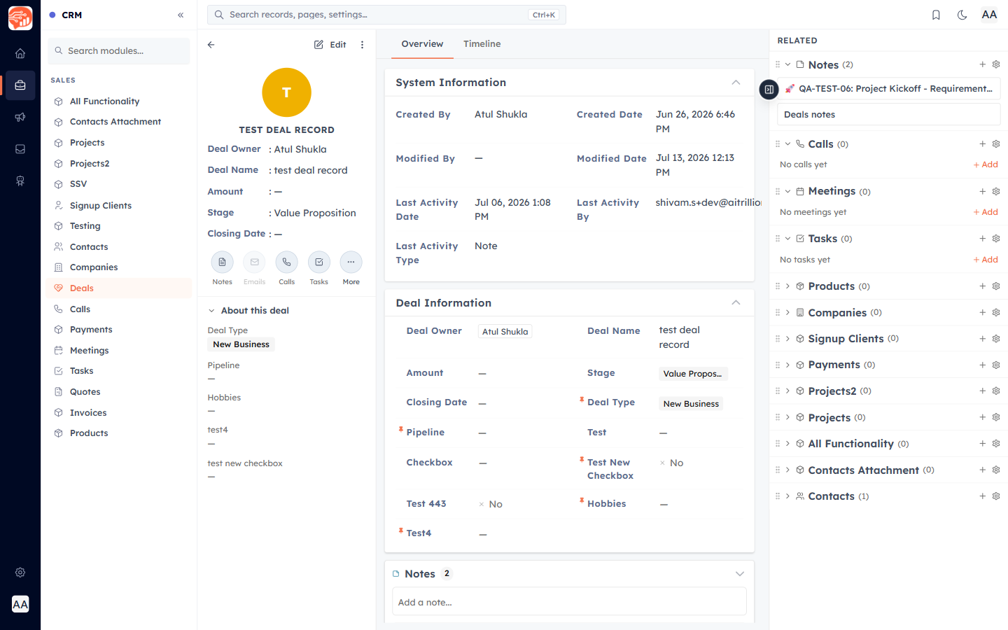 A deal detail page after creation