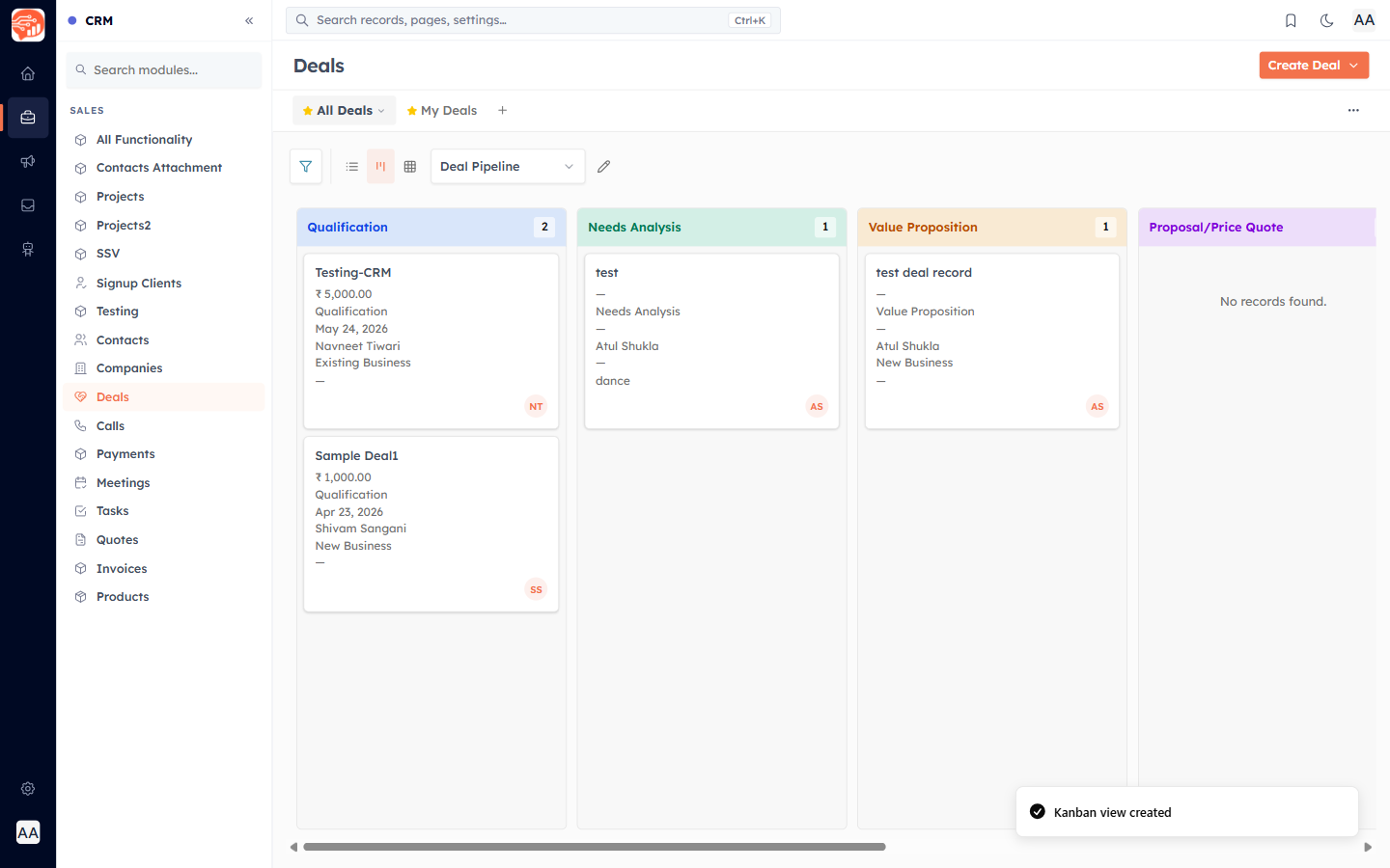The deal pipeline Kanban board with stage columns