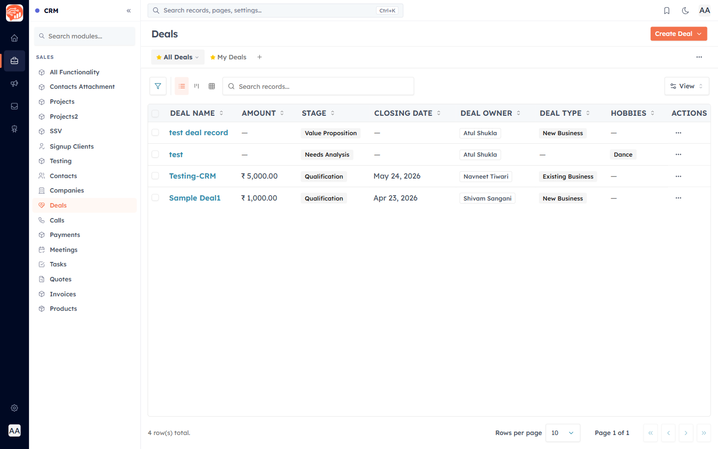 The Deals module list view