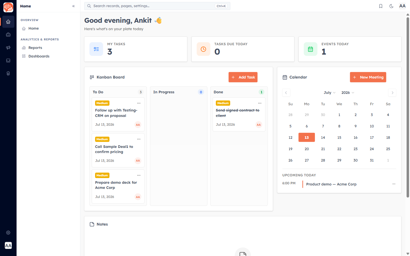 The Home dashboard with task, calendar, and notes widgets