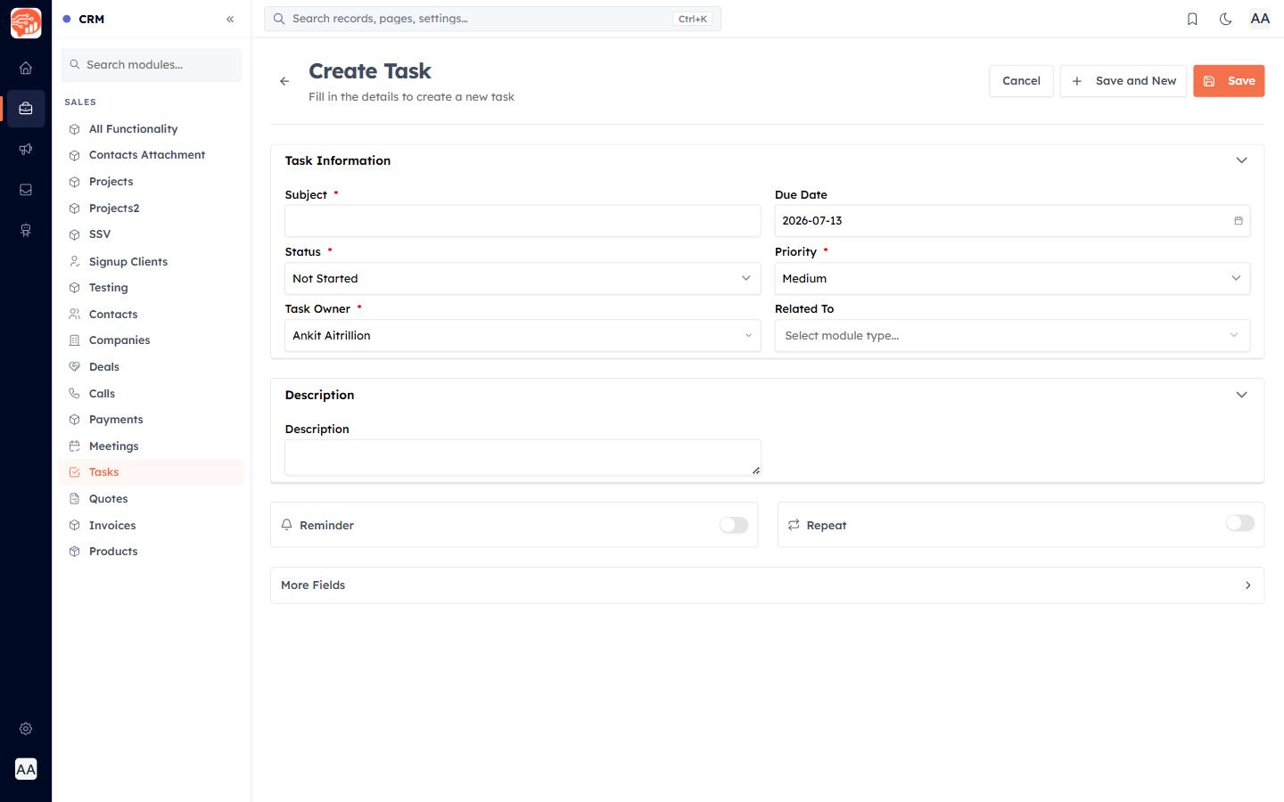 The Create Task form