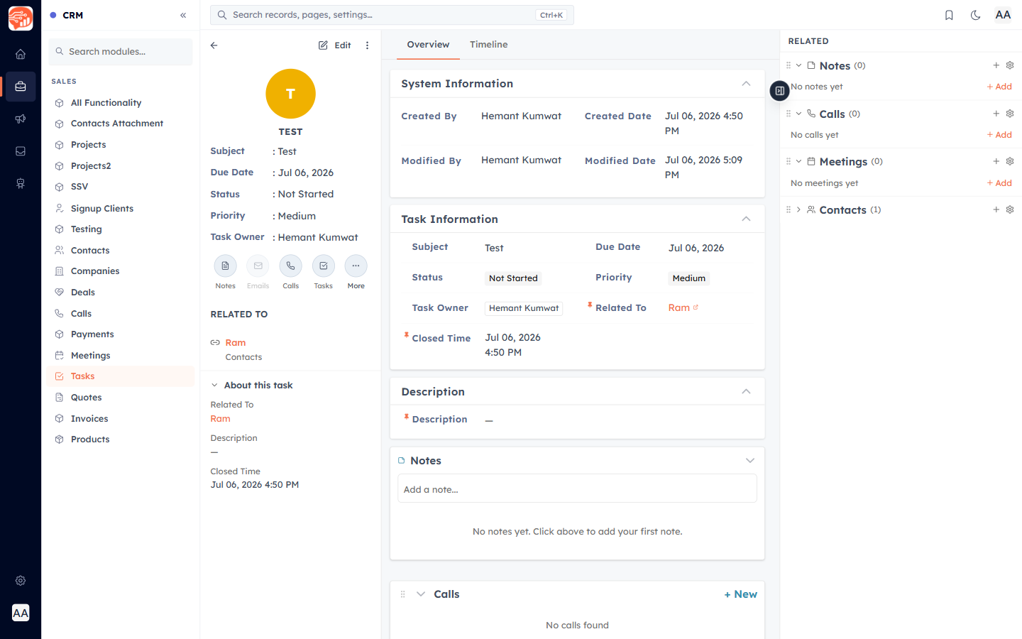 A task detail page after creation