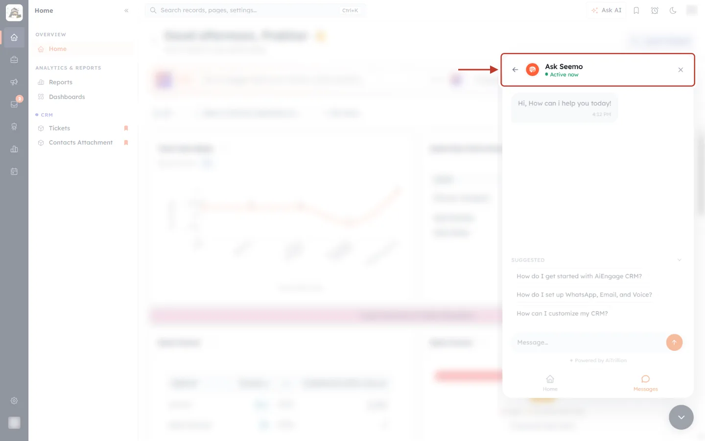 The Ask Seemo chat header with back arrow, name, Active now status and close button